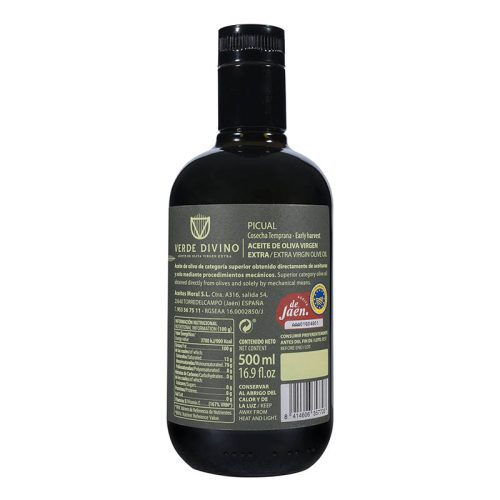 Aceite de Oliva Virgen Extra de variedad Picual, de Jaén, la región con la mayor extensión de olivos del mundo. De recolección temprana que le da un sabor único y un color verde esmeralda espectacular. Una auténtica joya culinaria.